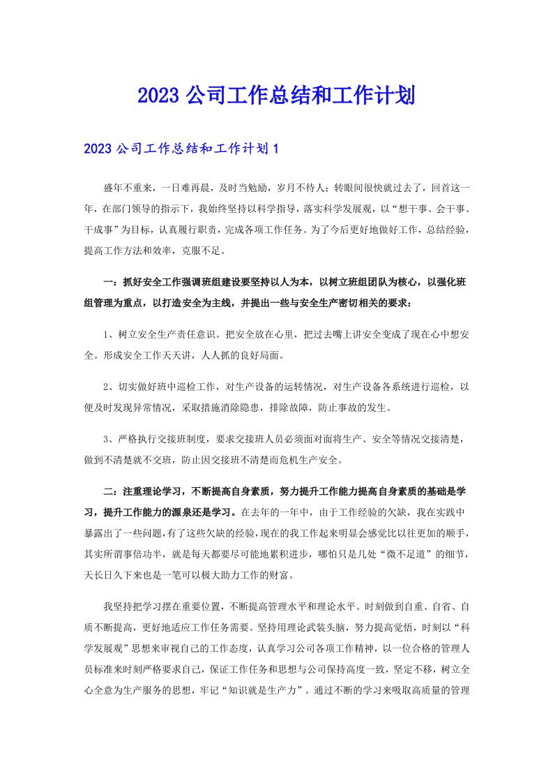 2023公司工作总结和工作计划