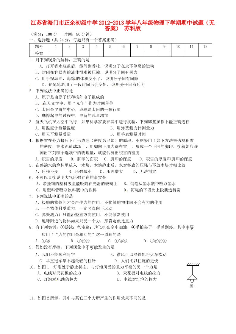 江苏省海门市正余初级中学2012-2013学年八年级物理下学期期中试题（无答案）