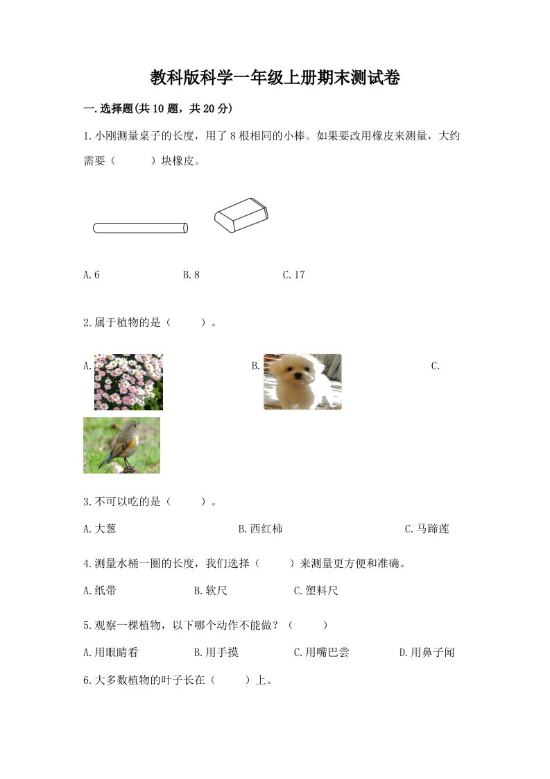 教科版科学一年级上册期末测试卷精品（历年真题）