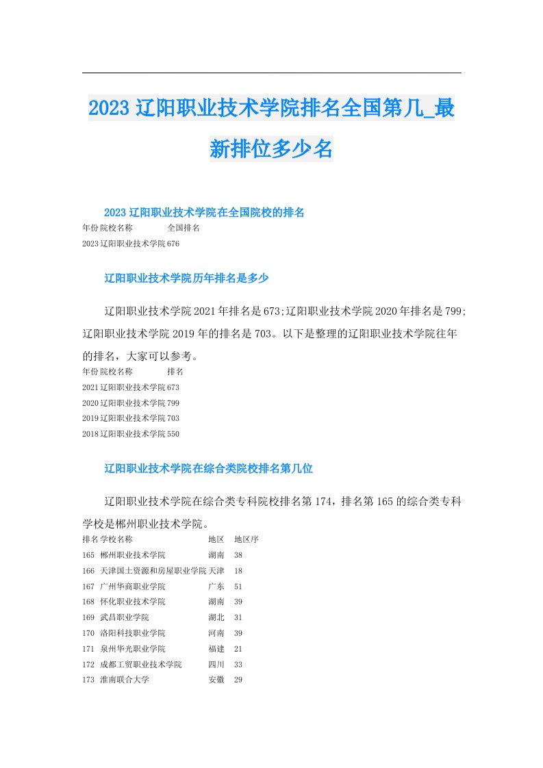 辽阳职业技术学院排名全国第几_最新排位多少名