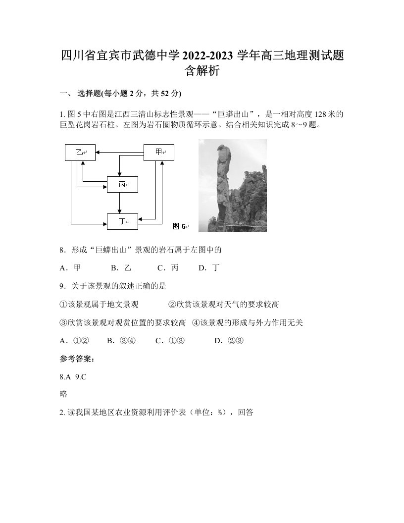 四川省宜宾市武德中学2022-2023学年高三地理测试题含解析