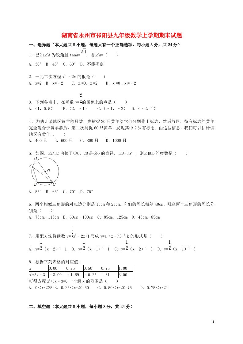 湖南省永州市祁阳县九级数学上学期期末试题（含解析）