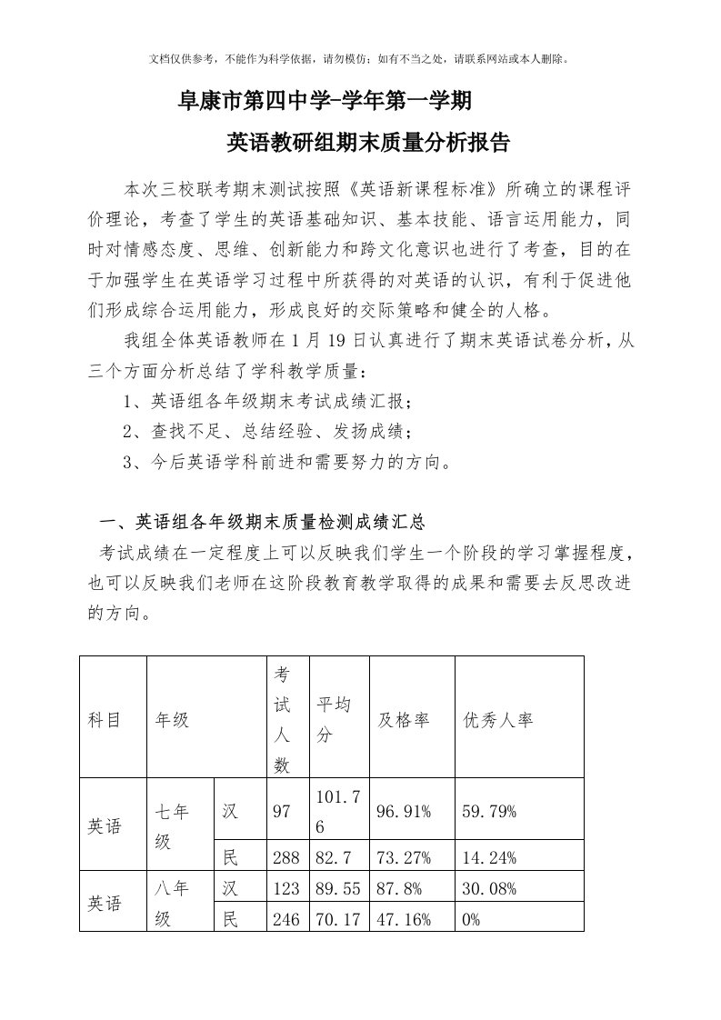 期末英语教研组质量分析报告