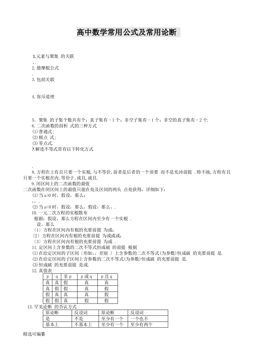 高中数学公式大全及常用结论