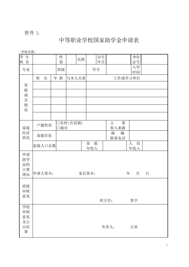 中等职业学校国家助学金申请表