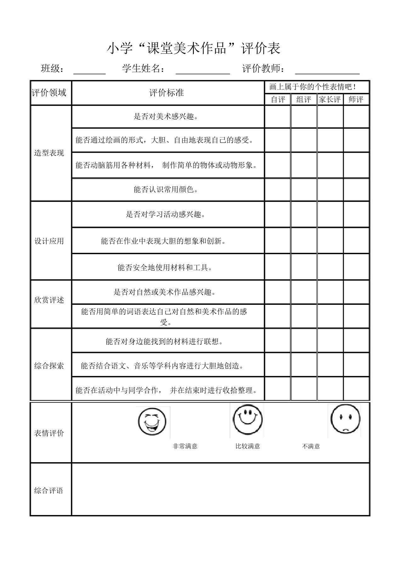 (完整)小学美术作品评价表