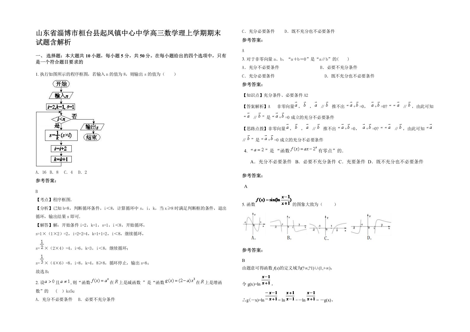 山东省淄博市桓台县起凤镇中心中学高三数学理上学期期末试题含解析