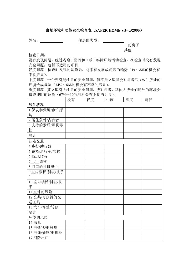 康复环境和功能安全检查表