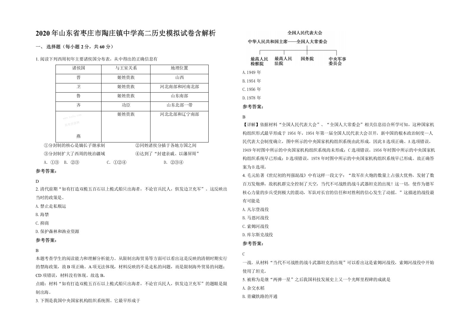 2020年山东省枣庄市陶庄镇中学高二历史模拟试卷含解析