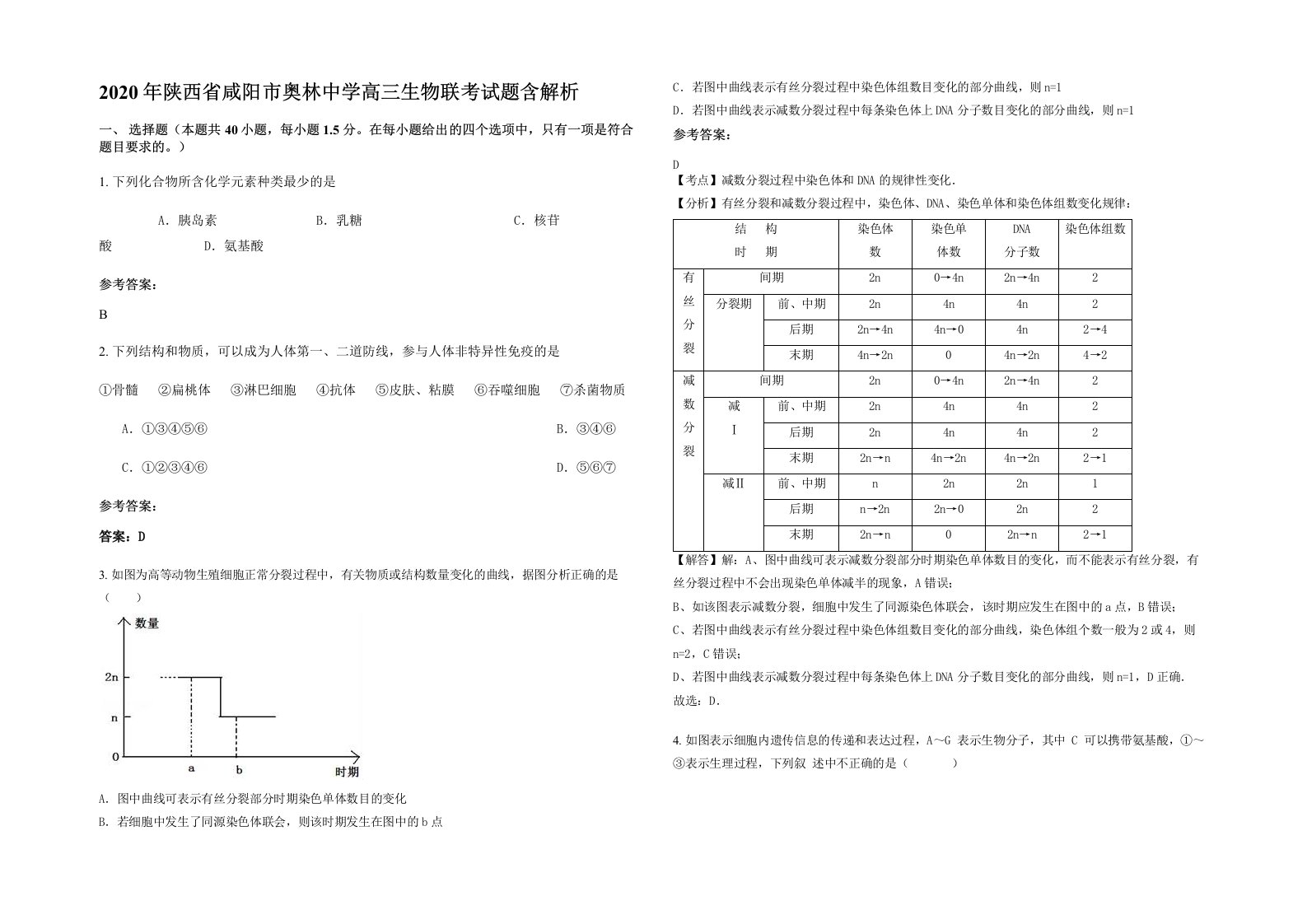 2020年陕西省咸阳市奥林中学高三生物联考试题含解析