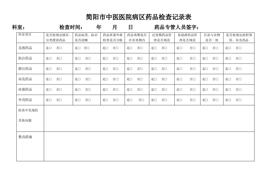 病区药品检查记录表