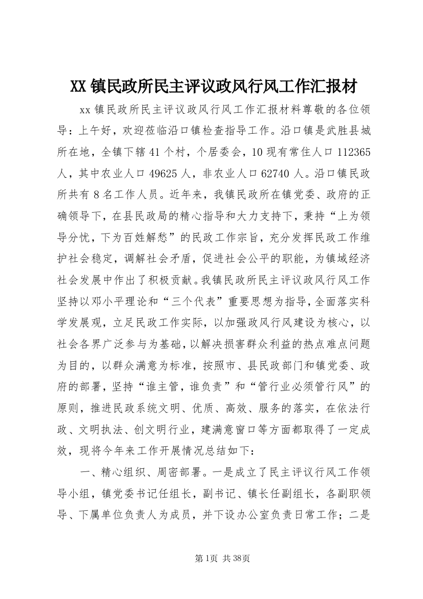 XX镇民政所民主评议政风行风工作汇报材