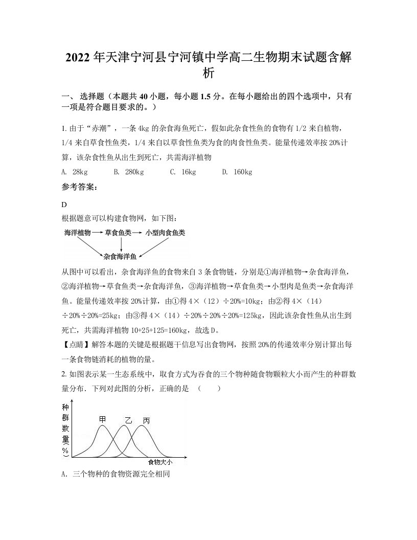 2022年天津宁河县宁河镇中学高二生物期末试题含解析