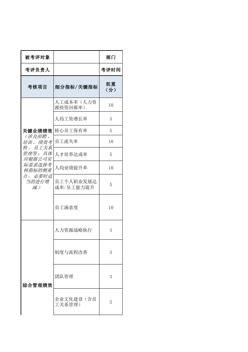 人事管理-人力资源总监绩效考核表