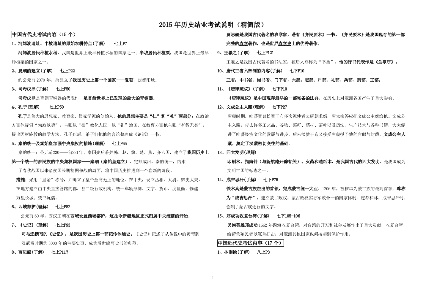 2015年历史结业考试说明（63个考点）