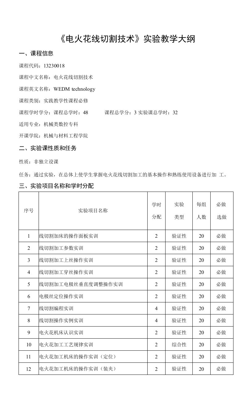 电火花线切割技术实验大纲