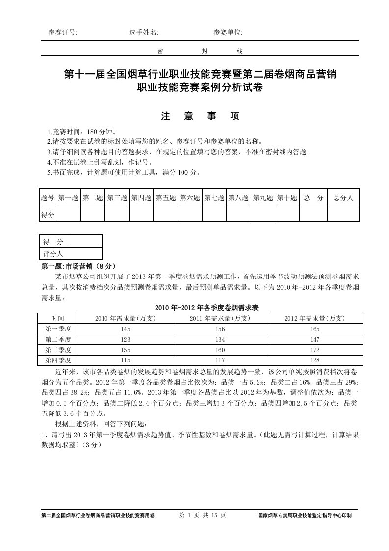 烟草行业职业技能竞赛暨第二届卷烟商品营销-职业技能竞赛案例分析试卷