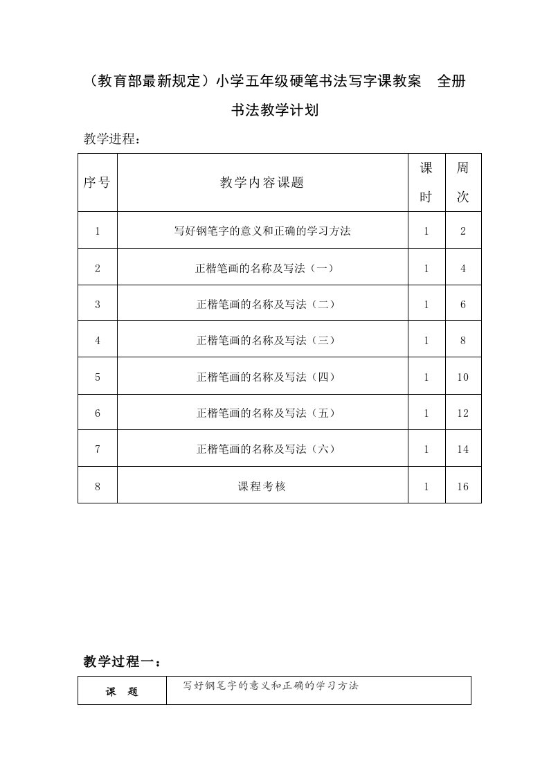 小学五年级硬笔书法写字课教案　全册