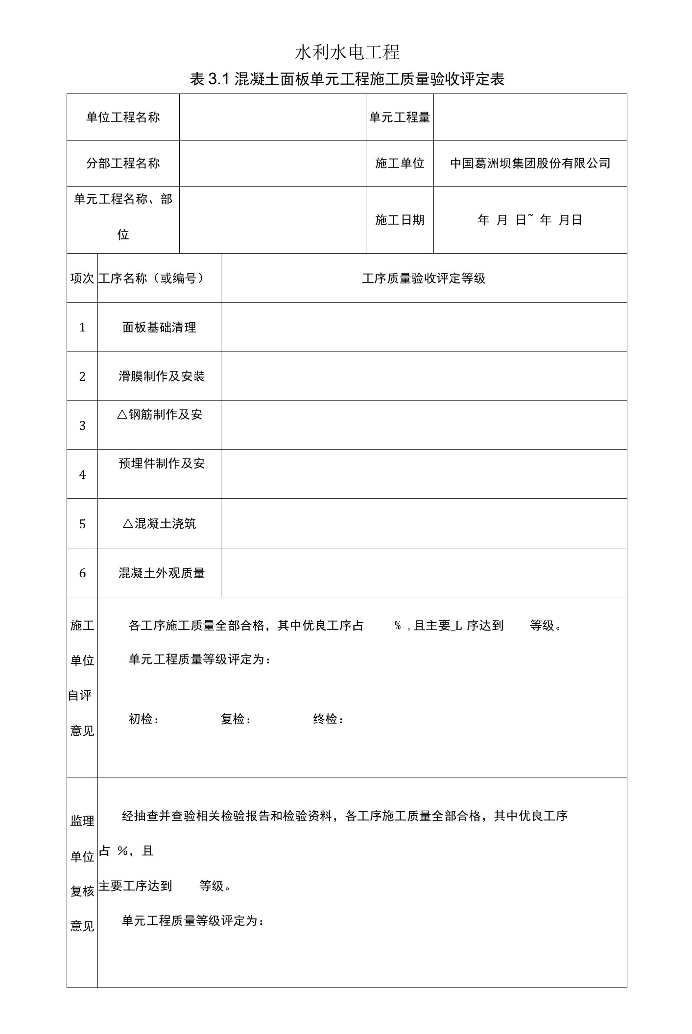 混凝土面板单元工程施工质量验收评定表面板