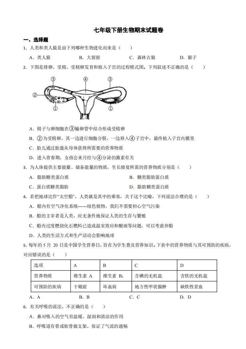 湖南省衡阳市2024年七年级下册生物期末试题卷（附参考答案）