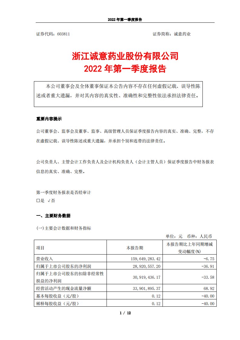 上交所-诚意药业2022年第一季度报告-20220425