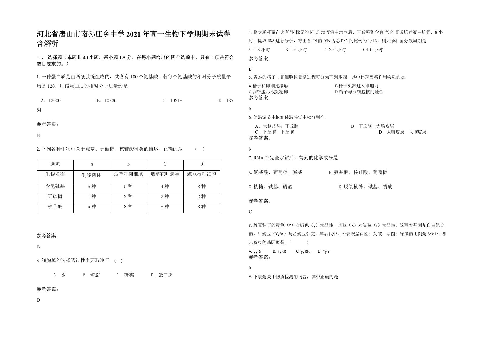 河北省唐山市南孙庄乡中学2021年高一生物下学期期末试卷含解析