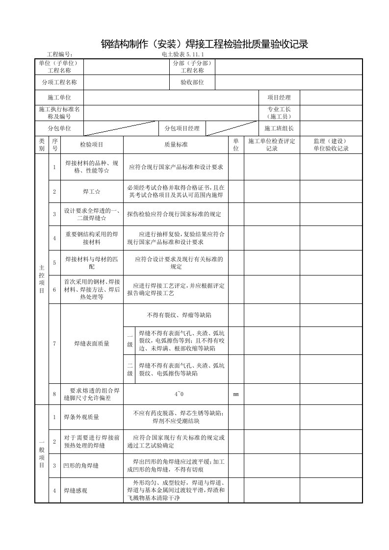 钢结构制作安装焊接工程检验批质量验收记录表格汇编