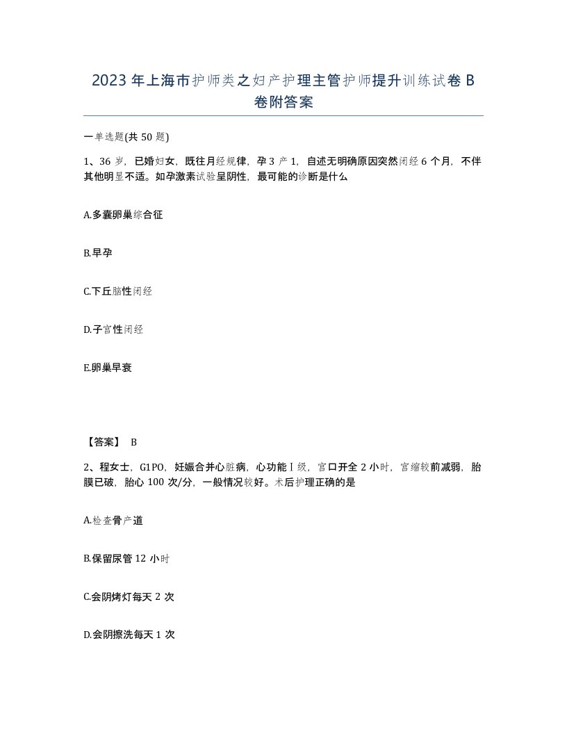 2023年上海市护师类之妇产护理主管护师提升训练试卷B卷附答案