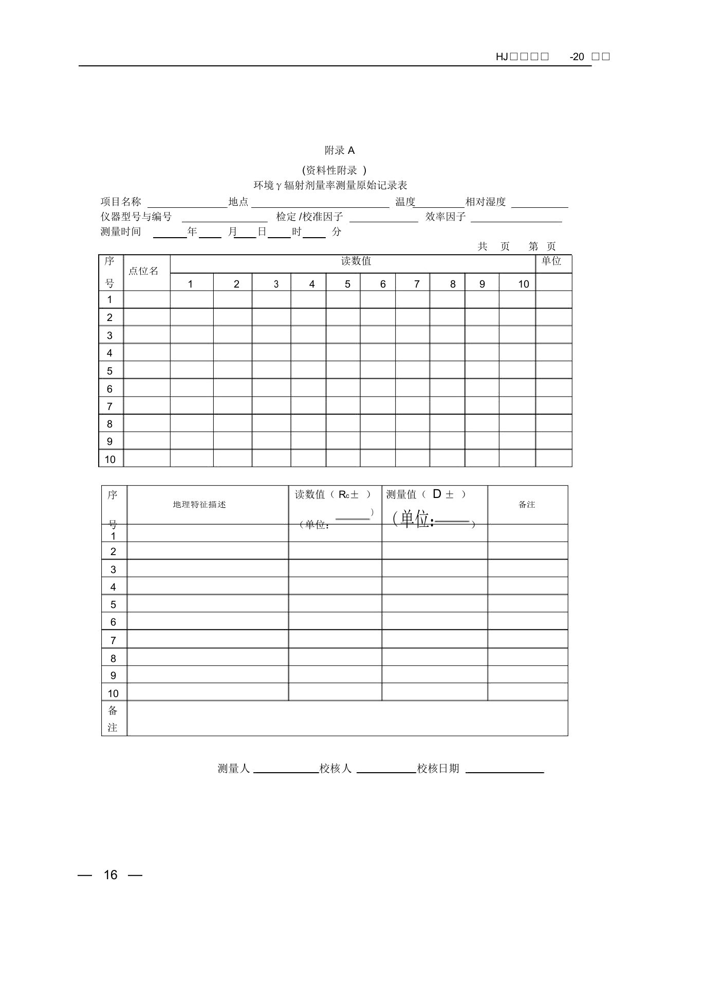 环境γ辐射剂量率测量原始记录表