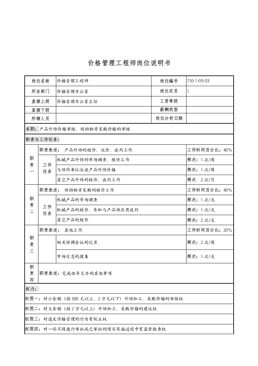 中船重工研究所价格管理工程师岗位说明书