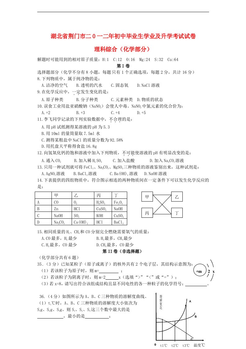 湖北省荆门市中考理综真题试题（化学部分）