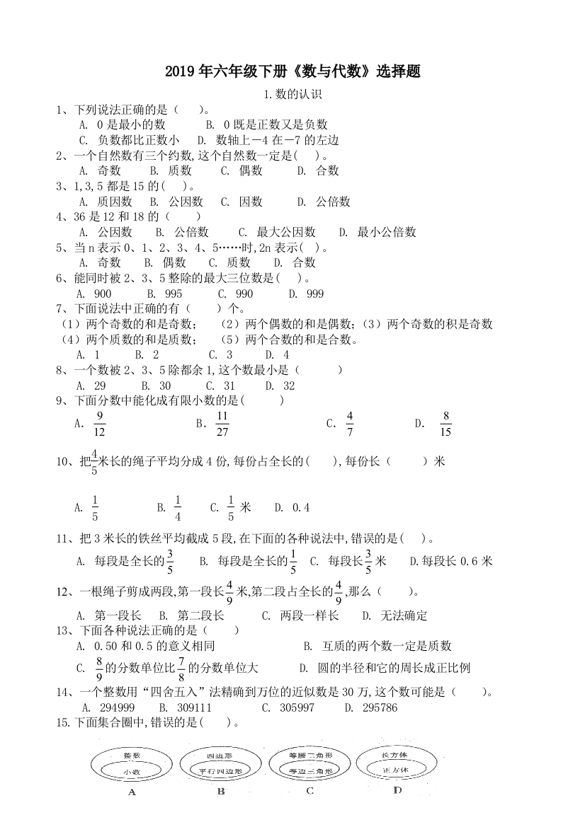 2019年六年级下册《数与代数》选择题