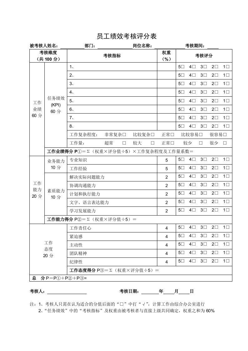 04－022员工绩效考核评分表