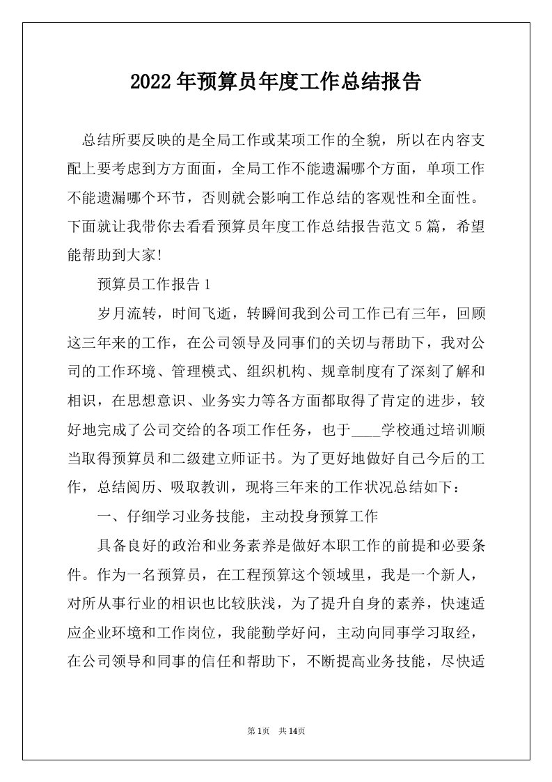 2022年预算员年度工作总结报告