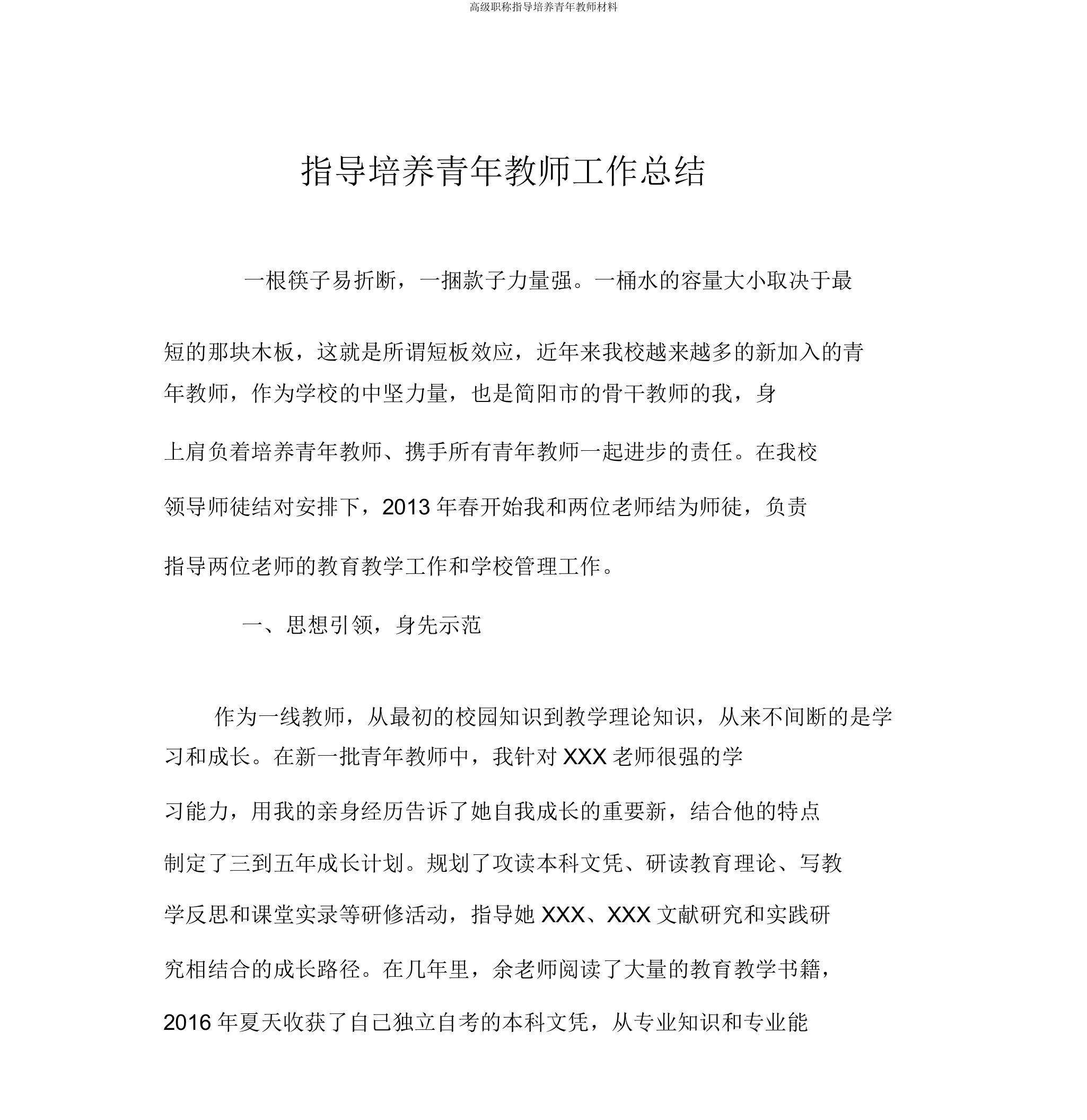 高级职称指导培养青年教师材料