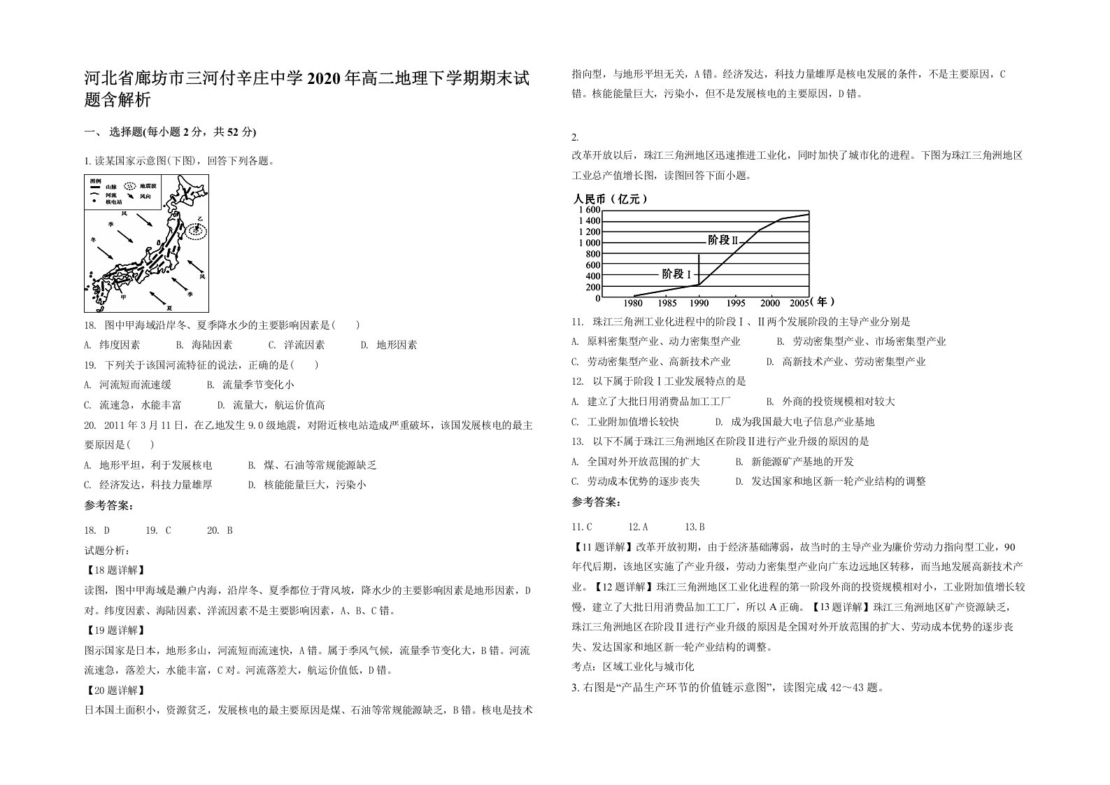 河北省廊坊市三河付辛庄中学2020年高二地理下学期期末试题含解析