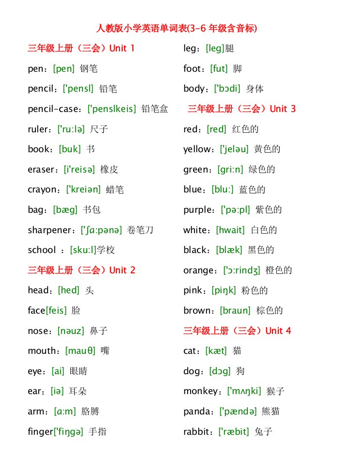 人教版小学英语单词表（3-6年级含音标）