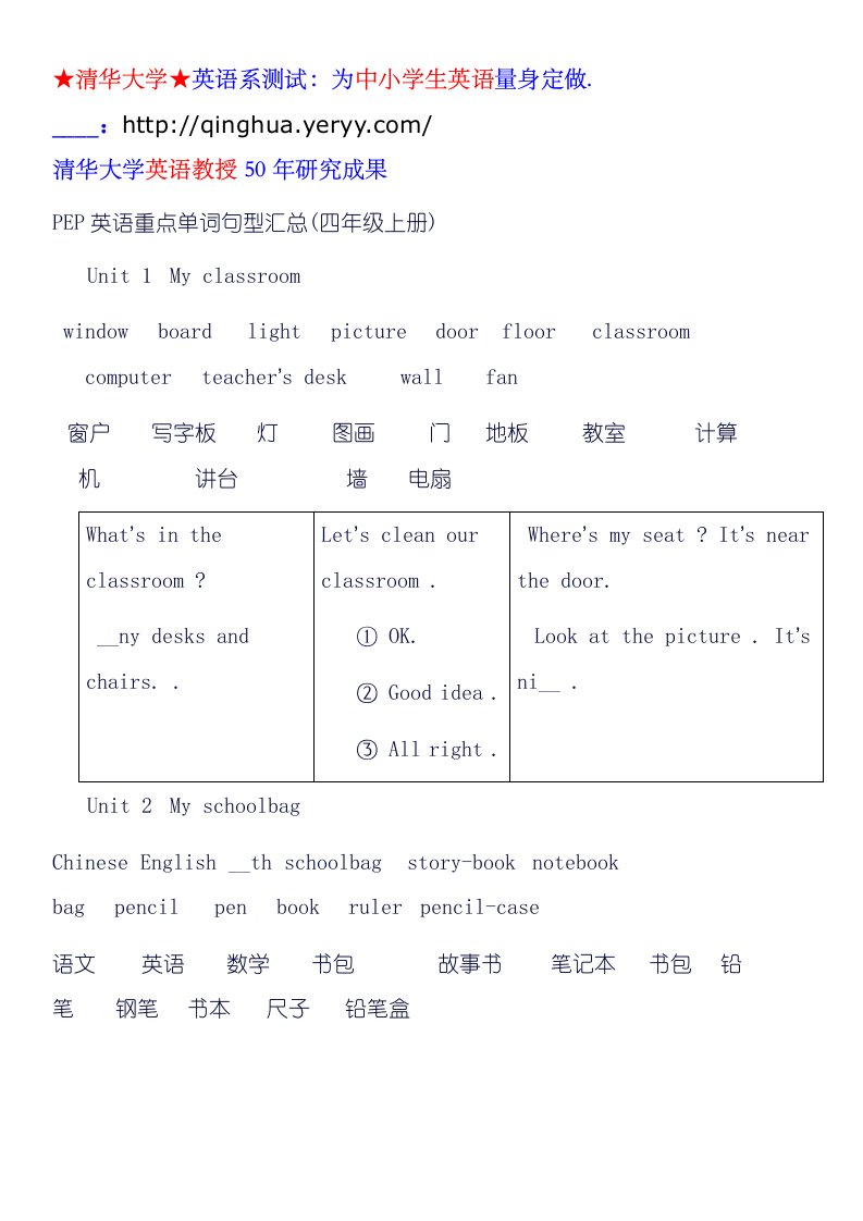 PEP英语4年级上册重点单词句型汇总