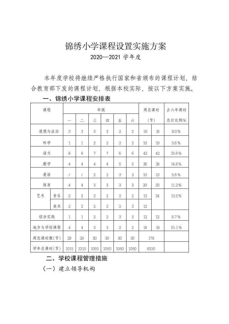 锦绣小学课程设置实施方案