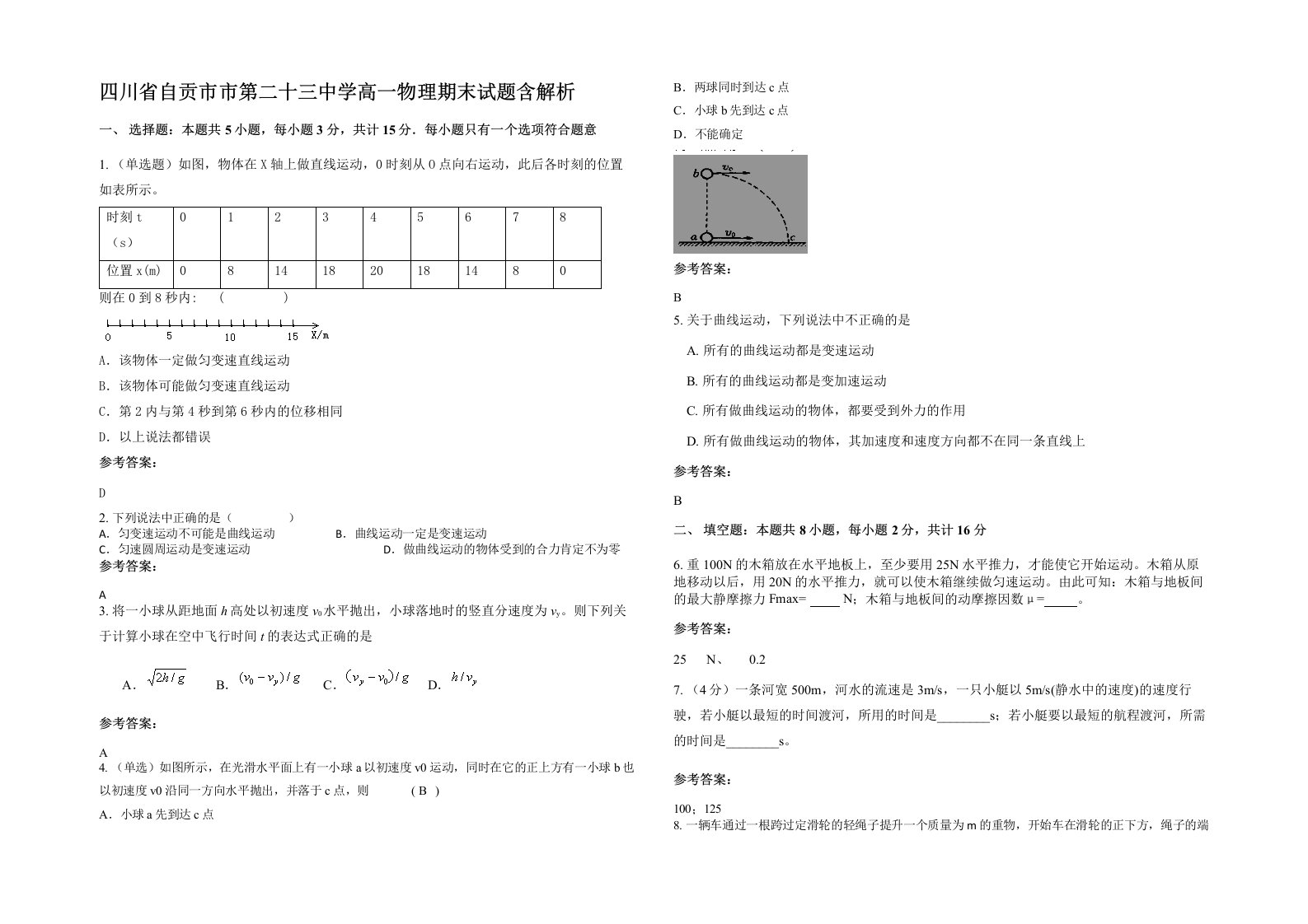 四川省自贡市市第二十三中学高一物理期末试题含解析