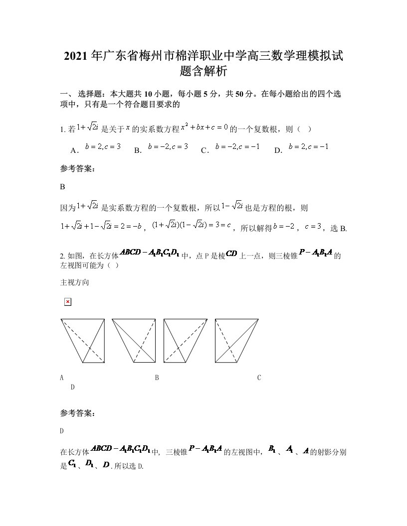 2021年广东省梅州市棉洋职业中学高三数学理模拟试题含解析