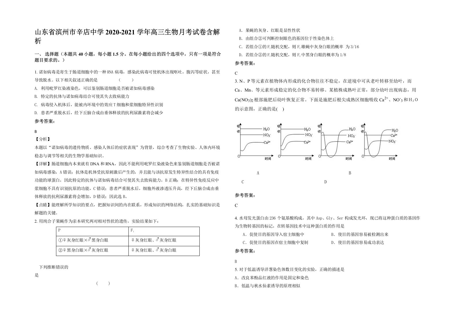 山东省滨州市辛店中学2020-2021学年高三生物月考试卷含解析