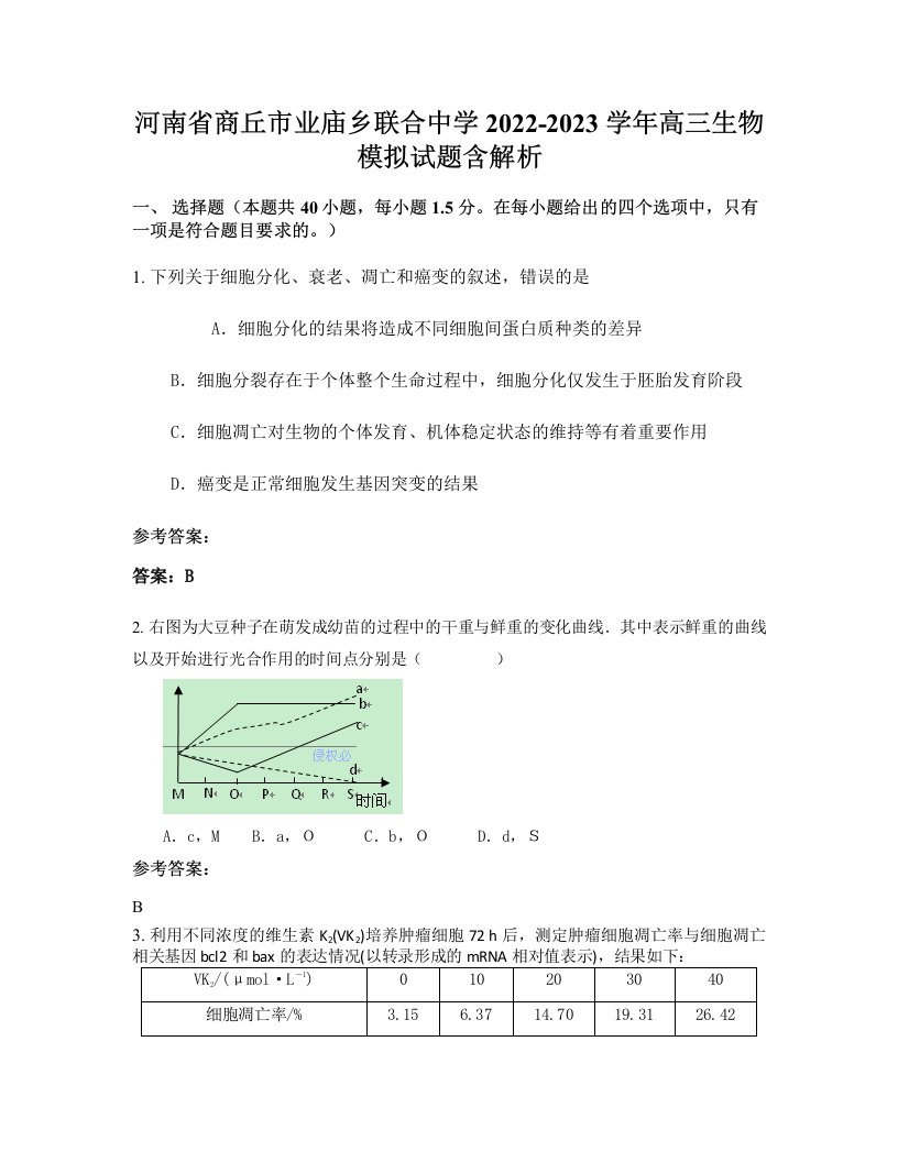 河南省商丘市业庙乡联合中学2022-2023学年高三生物模拟试题含解析