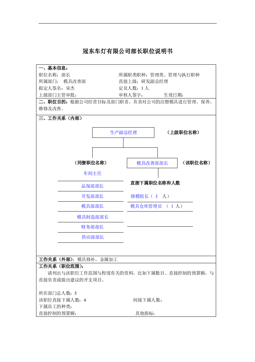 冠东车灯有限公司部长职位说明书