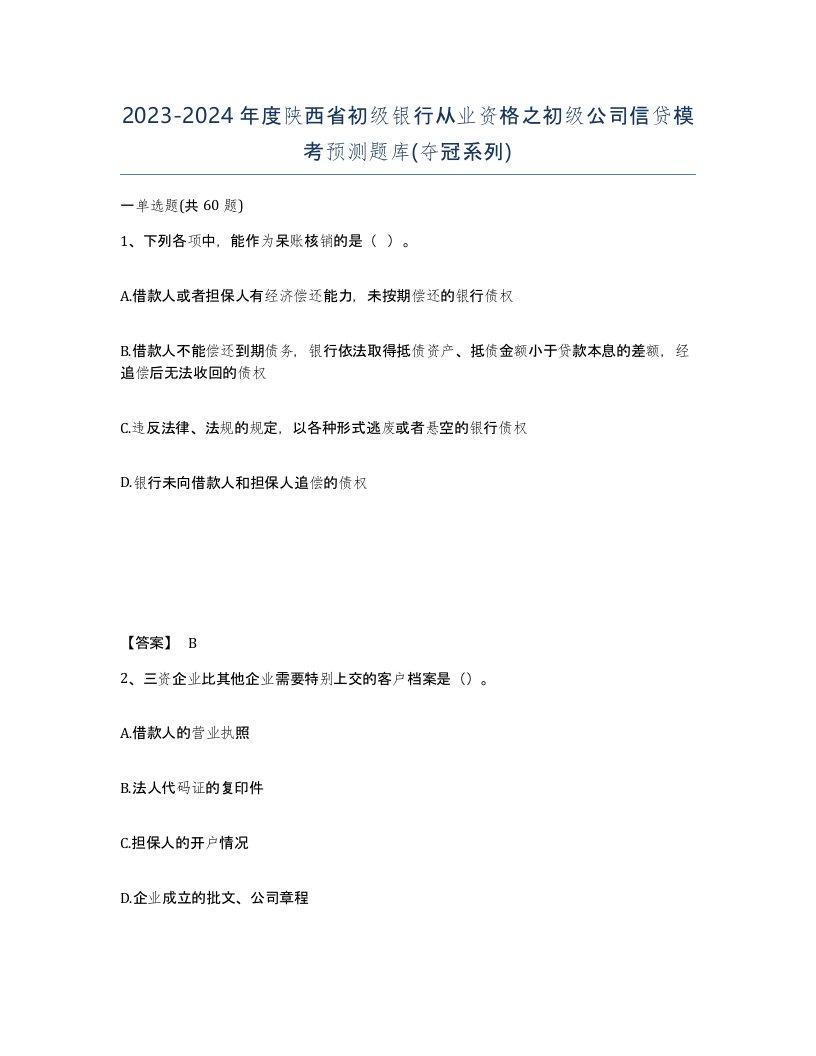 2023-2024年度陕西省初级银行从业资格之初级公司信贷模考预测题库夺冠系列