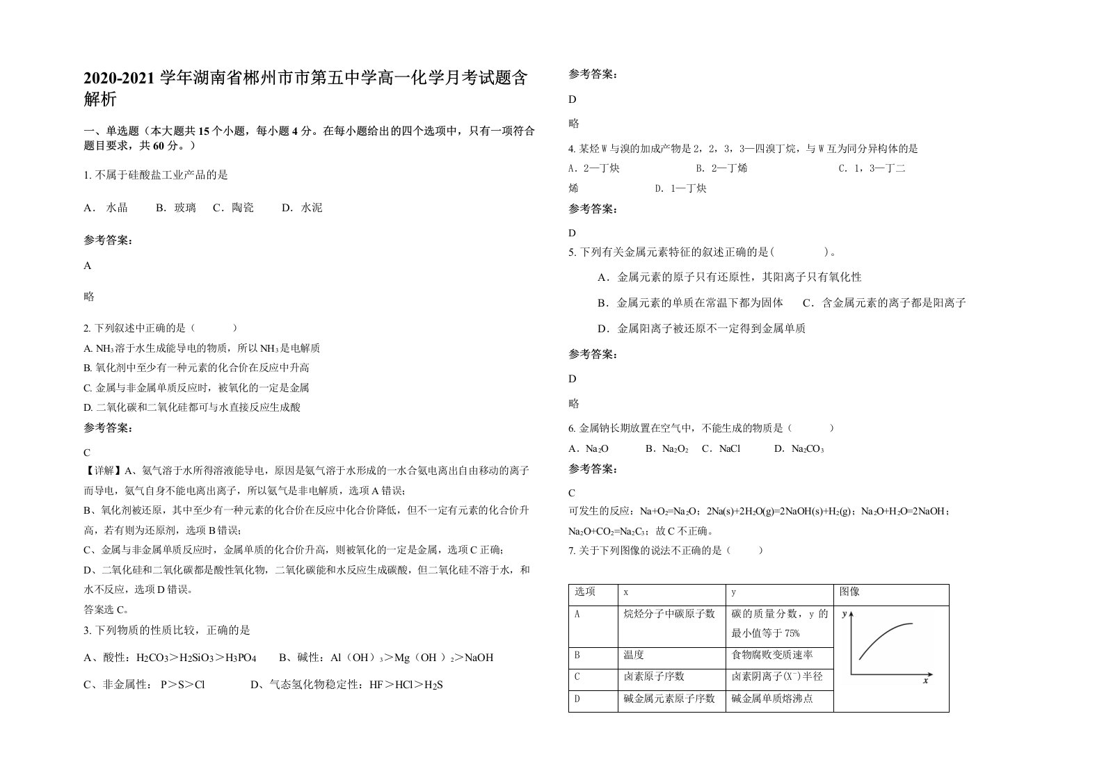 2020-2021学年湖南省郴州市市第五中学高一化学月考试题含解析