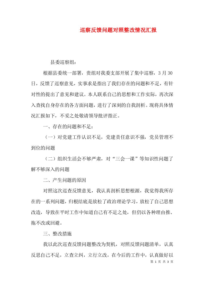 巡察反馈问题对照整改情况汇报