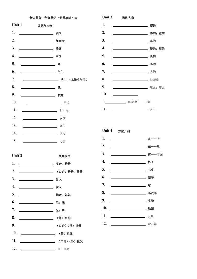新人教版三年级英语下册单元词汇表-填空