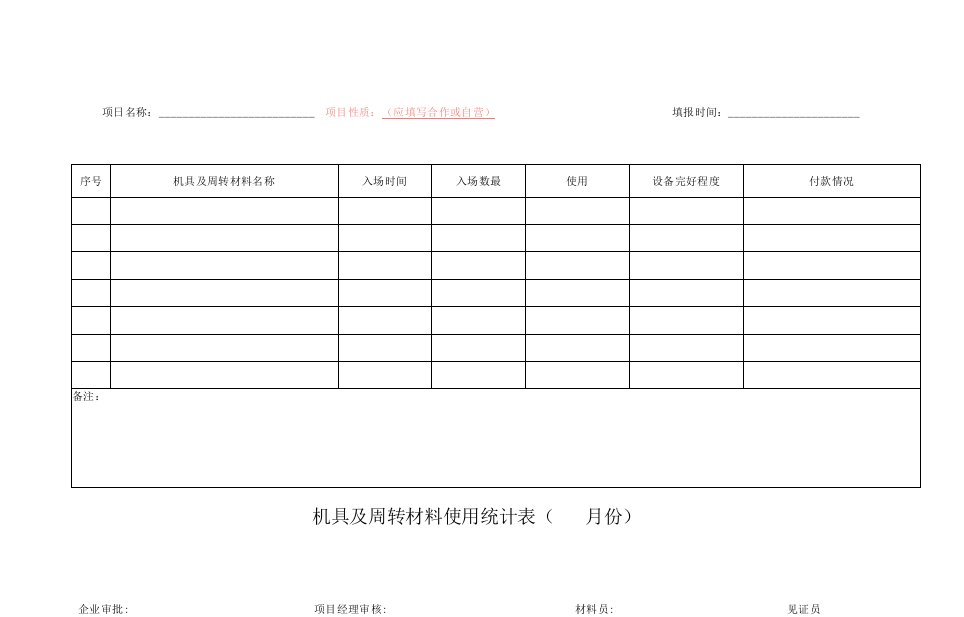 机具及周转材料使用统计表