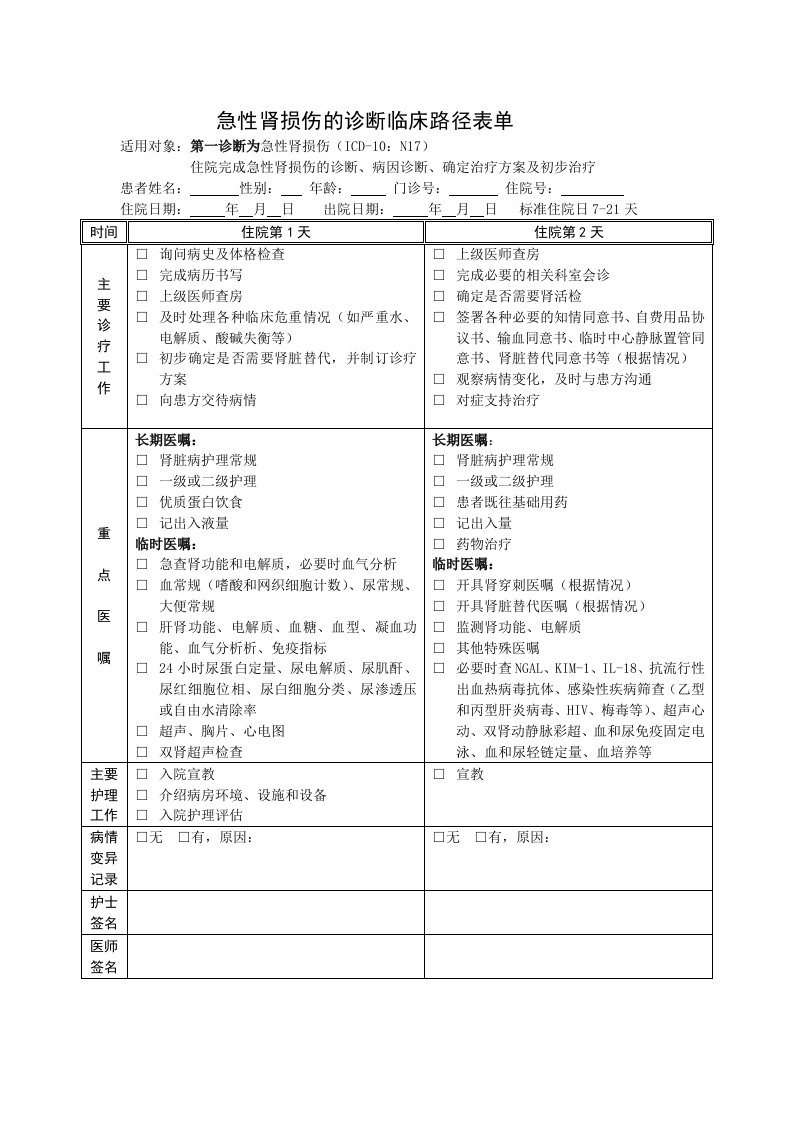 急性肾损伤临床路径表单